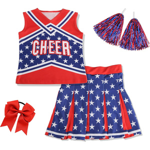 Conjunto de Uniforme de Porrista, Falda con Estampado de Estrellas Rojas, Azules y Blancas, Top, Pompones, Lazo para el Cabello, Disfraz Infantil - Product Image 2