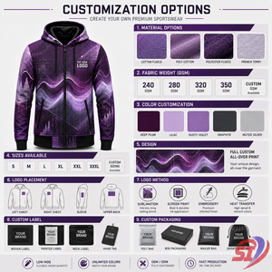 Sweat à capuche graphique personnalisé, motif vague prune-lilas, fermeture éclair intégrale, logo marque privée, vente en gros, OEM, vêtements streetwear - Product Image 3