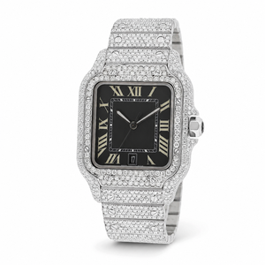 Reloj de Lujo para Hombre con Esfera Cuadrada de Moissanita, Acero Inoxidable, Esfera Negra Romana, Cuarzo, con Fecha - Product Image 3