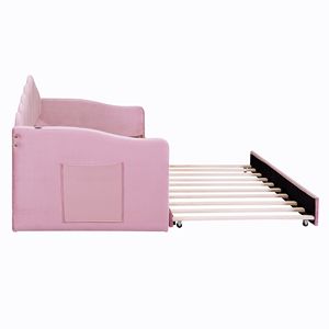 Divano letto singolo imbottito in velluto rosa con letto estraibile e porte USB per la ricarica, morbido divano letto senza bisogno di rete a molle (Vecchio SKU HL000067AAH) - Product Image 2