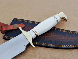 Couteau Bowie à lame fixe en acier inoxydable sur mesure, couteau de chasse d'extérieur, fourreau en cuir, manche blanc, pommeau doré - Product Image 4