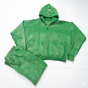 Survêtement unisexe en coton vert, sweat à capuche zippé, manches longues, couleur unie, délavé à l'acide, coupe décontractée, streetwear avec poches latérales - Product Image 5