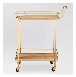 Gold <b>Bar</b> Cart with Wooden Shelves Rolling Metal Drink <b>Utility</b> Cart for Indoor Living Room Decor Mid Century Modern Style - Product Image 1