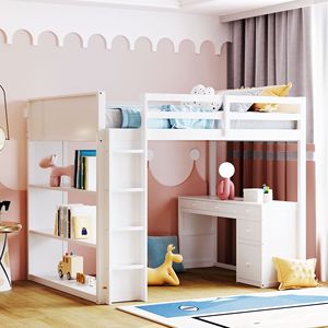 Letto a soppalco bianco a grandezza naturale con scaletta e scrivania con ripiani per la cameretta dei bambini - Product Image 1