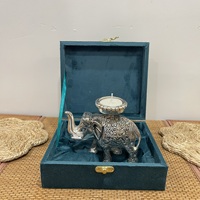 Artisanat en métal, éléphant plaqué argent sur support chauffe-plat, avec emballage coffret cadeau