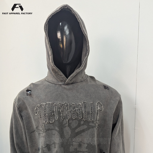 Hoodie homme de qualité supérieure, imprimé sur mesure, en coton, style streetwear, effet délavé, patchwork. - Product Image 2