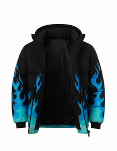 เสื้อแจ็คเก็ตพัฟเฟอร์พิมพ์ลายเปลวไฟสีน้ำเงินสำหรับผู้ชาย เสื้อโค้ทกันหนาวมีฮู้ด สตรีทแวร์ ฮิปฮอป แฟชั่นเสื้อคลุม - Product Image 5