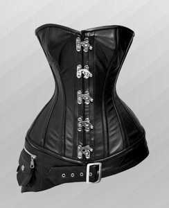Women's Black Leather Corset <b>Shapewear</b> with Hook-and-Eye Closure and Belted Waist Control Side Packet Zip Steel Boned - Product Image 1