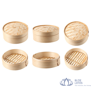 MEILLEURES VENTES |   Ensemble de cuiseurs vapeur en bambou avec couvercle en acier inoxydable intégré au verre, 2 niveaux, écologique, pour la cuisson vapeur des dim sum et des raviolis - Product Image 1