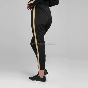 Pantalon de jogging noir pour femme, longueur cheville, taille haute élastique avec bande latérale dorée, coupe décontractée, idéal pour l'automne - Product Image 2