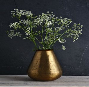 Tall, slim golden brass <b>vase</b> with elegant <b>red</b> floral bands and a wide flared top for display. Available at wholesale price. - Product Image 4