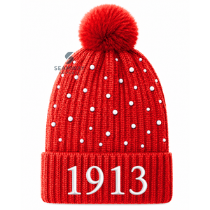 Delta |   Sigma |   Bonnet en tricot acrylique pour femme Theta, brodé de perles, orné d'un pompon, bord côtelé, bonnet d'hiver décontracté - Product Image 1
