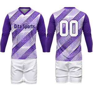 ชุดวอลเลย์บอลชาย สีม่วงขาว แบบซับลิเมชั่น เสื้อแขนยาวและกางเกงขาสั้น ชุดกีฬาระบายอากาศได้ดี เหมาะสำหรับการฝึกซ้อมและการเล่นกีฬา - Product Image 1