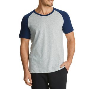 T-shirt imprimé à manches raglan gris pour homme, col rond contrastant bleu marine, coupe classique, décontracté, en coton tricoté, couleur unie, écologique, 180g - Product Image 3