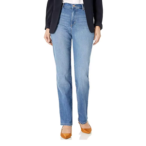 Jean décontracté bleu clair délavé pour femme, coupe large en denim de coton, toucher doux, longueur complète, pantalon décontracté pour le quotidien - Product Image 5