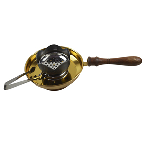 Quemador de incienso de acero metálico con mango de madera, acabado dorado, para fragancia del hogar y Bakhoor, con pinzas de acero y base de madera. - Product Image 2