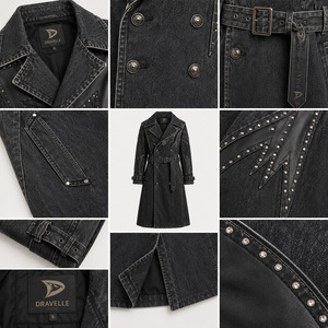 Abrigo Largo de Mezclilla de Lujo con Tachuelas para Hombre, Negro Lavado, Paneles de Cuero Sintético, Cinturón con Pedrería - Product Image 4