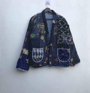 Veste en coton Kantha faite à la main avec broderie, manteau d'hiver court réversible à imprimé floral pour femmes - Product Image 5