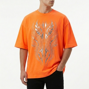 Men's Orange Oversized T-Shirt Geometric Rhinestone Pattern Short Sleeve O-Neck Street Style Casual Jersey Cotton Front <b>Logo</b> - Product Image 2