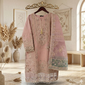 Conjunto de Traje para Mujer para el Festival Eid, Lujoso, con Bordado en Organza, Formal, de 3 Piezas, para Fiestas y Bodas, Producto en Demanda - Product Image 3