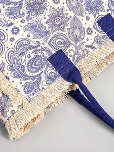 Sac fourre-tout bohème en jute avec motif floral, poignées bleues, ouverture supérieure, 39x32x15cm, pour le shopping, sac fourre-tout personnalisé en toile 100% coton - Product Image 4