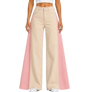 Jean large beige et rose pour femme, taille haute, en denim bicolore, style décontracté streetwear, pantalon tendance coupe ample - Product Image 1