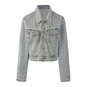 Custom Blue Denim Cropped <b>Jacket</b> With <b>Rhinestone</b> Tassel Fringe Button Front Women's Casual Vintage Style Spring Denim <b>Jacket</b> - Product Image 1