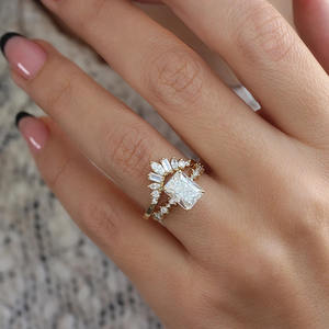 แหวนแต่งงานเพชรทรงมาร์คีส์และบาแกตต์โค้ง ราคาส่งที่ดีที่สุด ทองคำขาว 14K แหวนเพชรแล็บรูปมงกุฎเชฟรอนรูปตัววี - Product Image 5