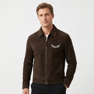 <b>Men's</b> Brown <b>Suede</b> Zip-Up <b>Jacket</b> Turn-Down Collar Casual Autumn Wear Regular Fit - Product Image 5