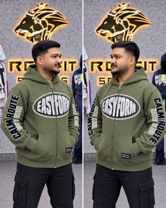 Sudadera con capucha unisex personalizada verde oliva con cremallera, mezcla de algodón y forro polar, estampado gráfico, bolsillo canguro, puños acanalados, estilo casual urbano. - Product Image 3