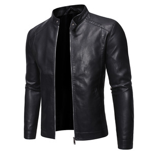 Blouson moto en cuir PU pour homme, couleur unie, coupe ajustée, fermeture éclair, manches classiques, style automne - Product Image 3