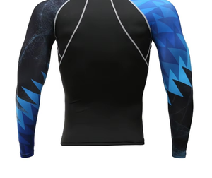 Chemise de compression pour homme à manches longues, noire et bleue, imprimé géométrique, séchage rapide, en spandex et polyester - Product Image 1
