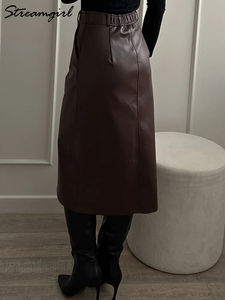 กระโปรงหนังยาวสำหรับผู้หญิง สีน้ำตาล คุณภาพสูง หนัง PU ทรงเข้ารูป ความยาวปานกลาง ผ่าหน้า เอวสูง กระโปรงหนังผู้หญิง สีดำ ความยาวปานกลาง - Product Image 4