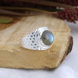 Natural Labradorite Hammered Band <b>Ring</b> 925 Sterling Silver Handmade Bezel <b>Set</b> Round Gemstone <b>Ring</b> for <b>Men</b> & Women - Product Image 5