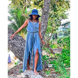 Vestido Maxi Azul Bohemio para Mujer con Abertura Frontal, Sin Mangas, Cintura Ajustable con Cordón, Vestido Largo para Verano, Playa o Resort - Product Image 3