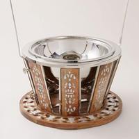 En gros Réchaud de buffet rond suspendu avec couvercle conique lisse effet miroir et base en bois naturel à motif treillis, ensemble individuel