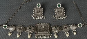 Two Tone Oxidized Silver Brass Choker <b>Necklace</b> <b>Set</b> with <b>Pearl</b> Drops & Jade Ethnic Floral Design Earrings for Women's Gift - Product Image 3