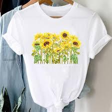 Camiseta de algodón de manga corta retro para mujer, elegante y ajustada, con estampado de girasoles, tejido ligero, informal, moderna, para verano. - Product Image 3