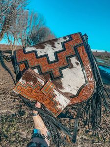 Western Cowhide Leather Crossbody <b>Bag</b> with Fringe – Hand-Tooled Vintage <b>Boho</b> Saddle Purse for Women - Product Image 2