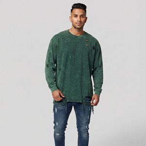 T-shirt Homme Manches Longues Effet Vieilli Coton Lourd Lavé Col Rond Coupe Ample Décontractée Streetwear Grunge - Product Image 3