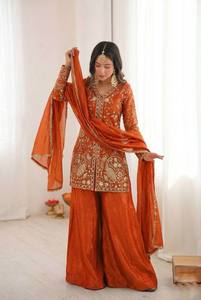 Traditional Indian Pakistani <b>Women's</b> Orange Embroidered <b>Kurta</b> Set With Dupatta Loose Fit Floor-Length Ethnic Wear - Product Image 5