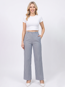Pantalon large rayé en Lycra à taille haute, semi-élastique, coupe ample, tissé, décontracté, pour le bureau, pour femme - Product Image 1