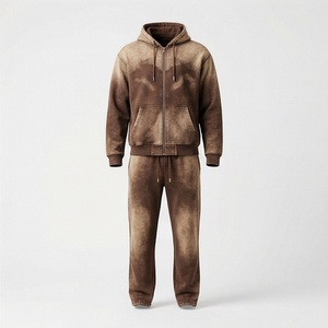 Custom Streetwear Acid Washed Vintage Tracksuit Men <b>Distressed</b> Patchwork Hoodie Sweatpants Set Gym Fitness Activewear - Product Image 1