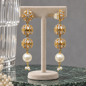 Pendientes Largos de Perlas con Globo Terráqueo de Circonita Cúbica de Calidad Premium, Suministro al por Mayor - Product Image 5