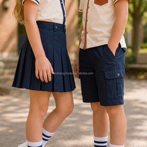Ensemble uniforme scolaire pour enfants, coton Oxford, garçons et filles, chemise à manches courtes avec poche, jupe bleu marine, short, chaussures blanches - Product Image 4