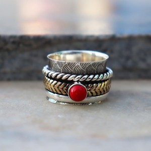 Anillo Giratorio de Coral Rojo al por Mayor, Plata de Ley 925, Hecho a Mano, Anillo Giratorio Antiestrés, Anillo Vintage con Múltiples Bandas de Piedras Preciosas - Product Image 4