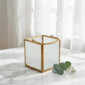 Square <b>Brass</b> Frame Glass <b>Lantern</b> votive Home Decoration tabletop decor wedding decor - Product Image 3