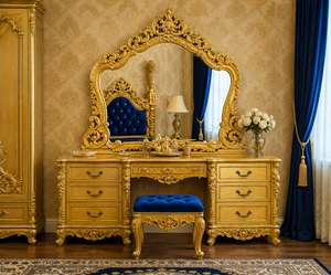 Juego de Cama Azul con Mechones Estilo Rococó Real, Muebles de Dormitorio Rococó de Madera Tallada a Mano en Oro Antiguo con Mesitas de Noche, Australia - Product Image 5