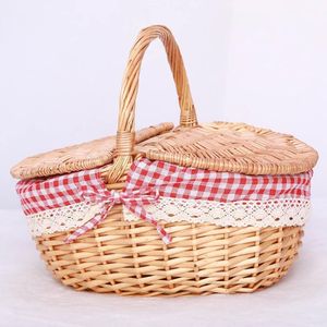 Country Style Woven <b>Wicker</b> Picnic <b>Basket</b> Oval Natural Rattan Food Wine <b>Storage</b> Hamper Red Plaid Fabric Lining Camping Gift Case - Product Image 1