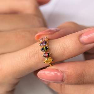 Bague de Famille Religieuse en Argent Sterling 925 Plaqué Or 14K avec Pierres Multiples de Naissance Taille Marquise, Bijou de Mariage Délicat, Cadeau pour Elle - Product Image 3